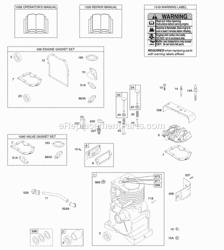 Cylinder Cylinder Head Gasket Set - Engine Gasket Set - Valve OperatorS Manual Warning Label Diagram and Parts List for  Briggs and Stratton Engine